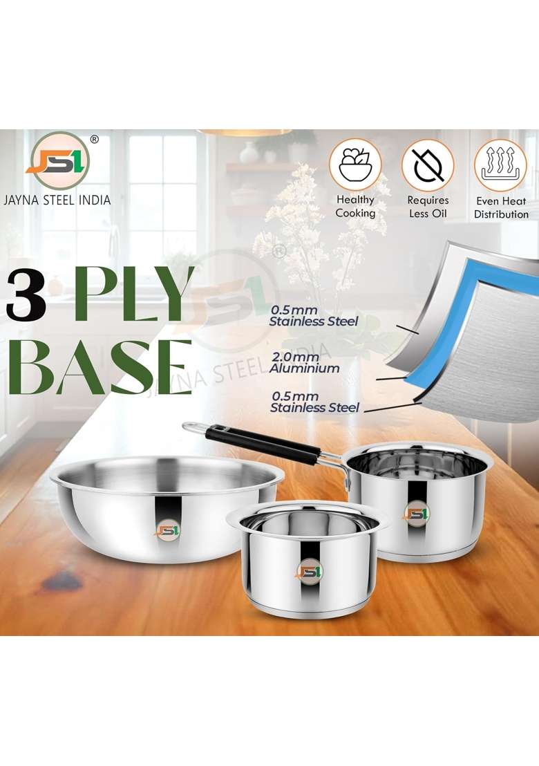 JSI Stainless Steel Triply Base Cookware Set | 1600 ml | 54.1 fl oz | 20 cm | 7.9 Inch | 3-Piece Set | Induction Compatible - Indya
