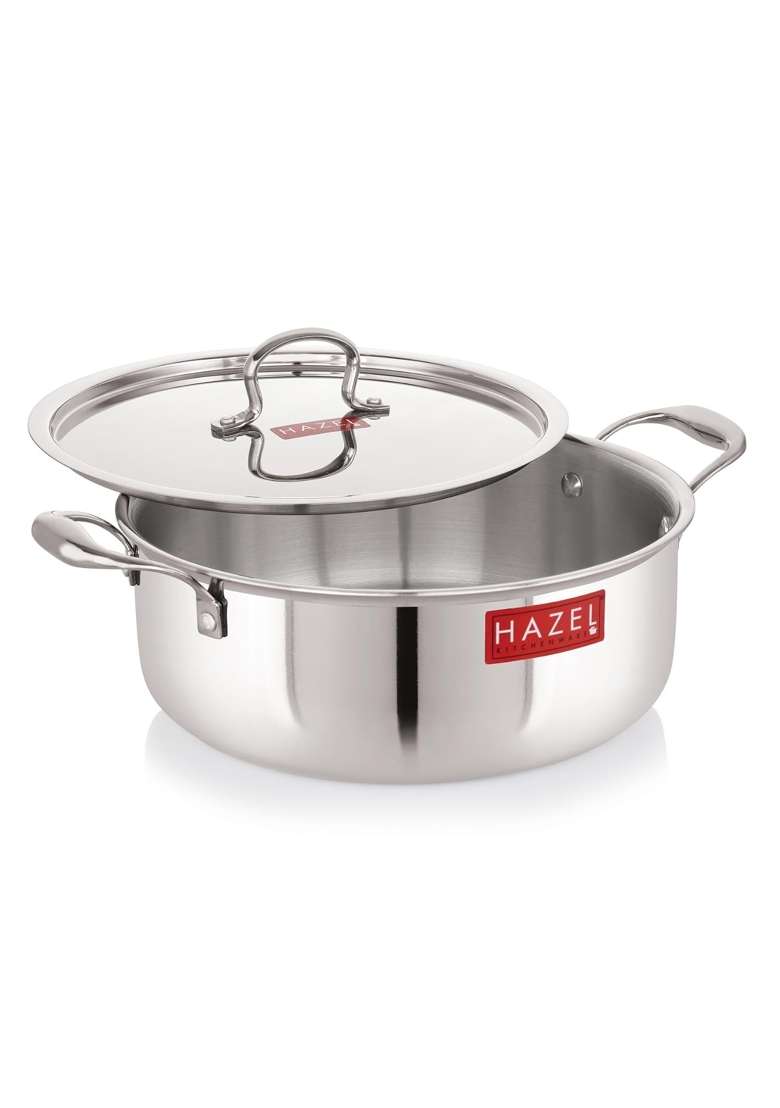HAZEL Triply Stainless Steel Biryani Cookpot Shallow Casserole Tope with Handle | 4 L | 4.2 Qt | 26.3 cm | 10.4 Inch | Induction Compatible | With Lid - Indya