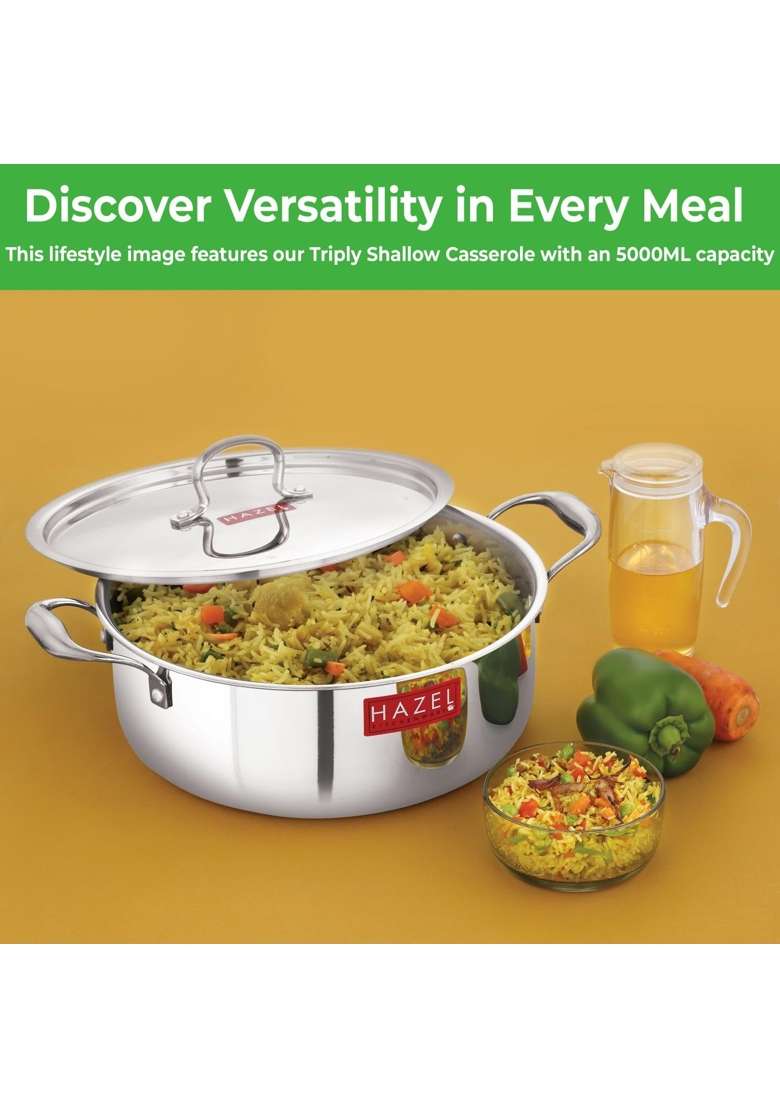 HAZEL Triply Stainless Steel Biryani Cookpot Shallow Casserole Tope with Handle | 4 L | 4.2 Qt | 26.3 cm | 10.4 Inch | Induction Compatible | With Lid - Indya