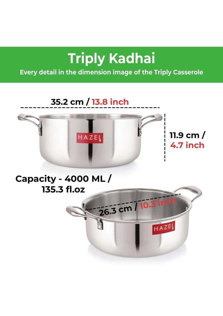 HAZEL Triply Stainless Steel Biryani Cookpot Shallow Casserole Tope with Handle | 4 L | 4.2 Qt | 26.3 cm | 10.4 Inch | Induction Compatible | With Lid - Indya