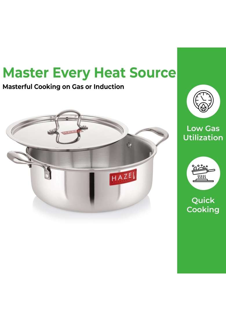 HAZEL Triply Stainless Steel Biryani Cookpot Shallow Casserole Tope with Handle | 4 L | 4.2 Qt | 26.3 cm | 10.4 Inch | Induction Compatible | With Lid - Indya