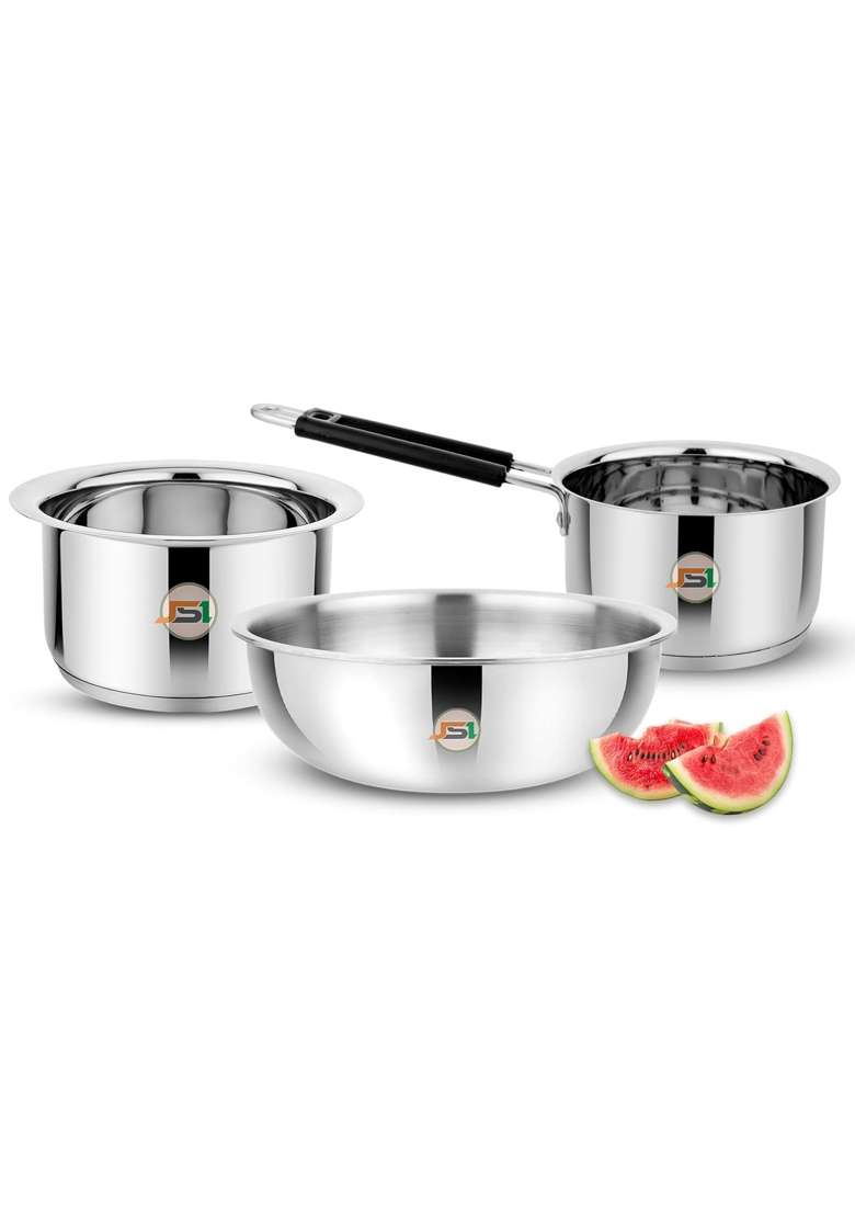 JSI Stainless Steel Cookware Set | 1600 ml | 54.1 fl oz | 20 cm | 7.9 Inch | 3-Piece Set | Induction Compatible | Tri-Ply - Indya