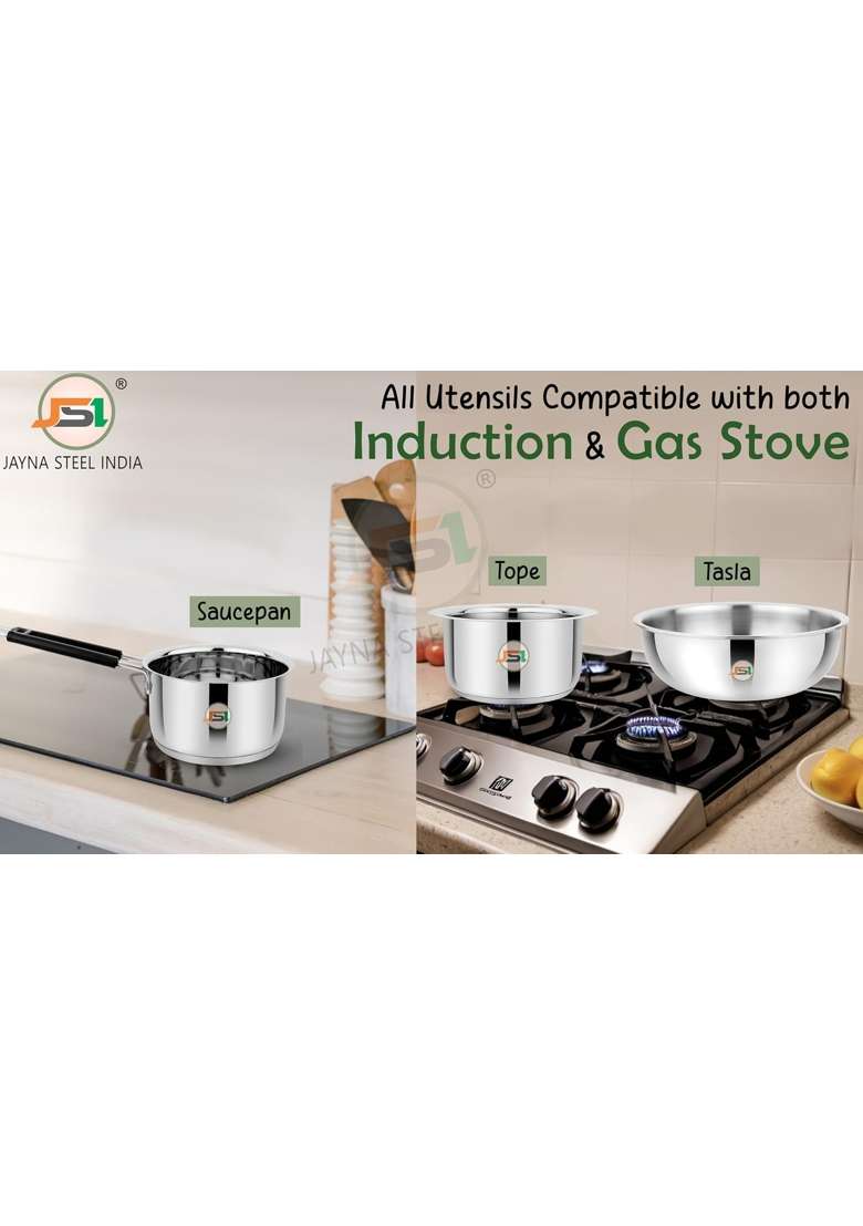 JSI Stainless Steel Cookware Set | 1600 ml | 54.1 fl oz | 20 cm | 7.9 Inch | 3-Piece Set | Induction Compatible | Tri-Ply - Indya