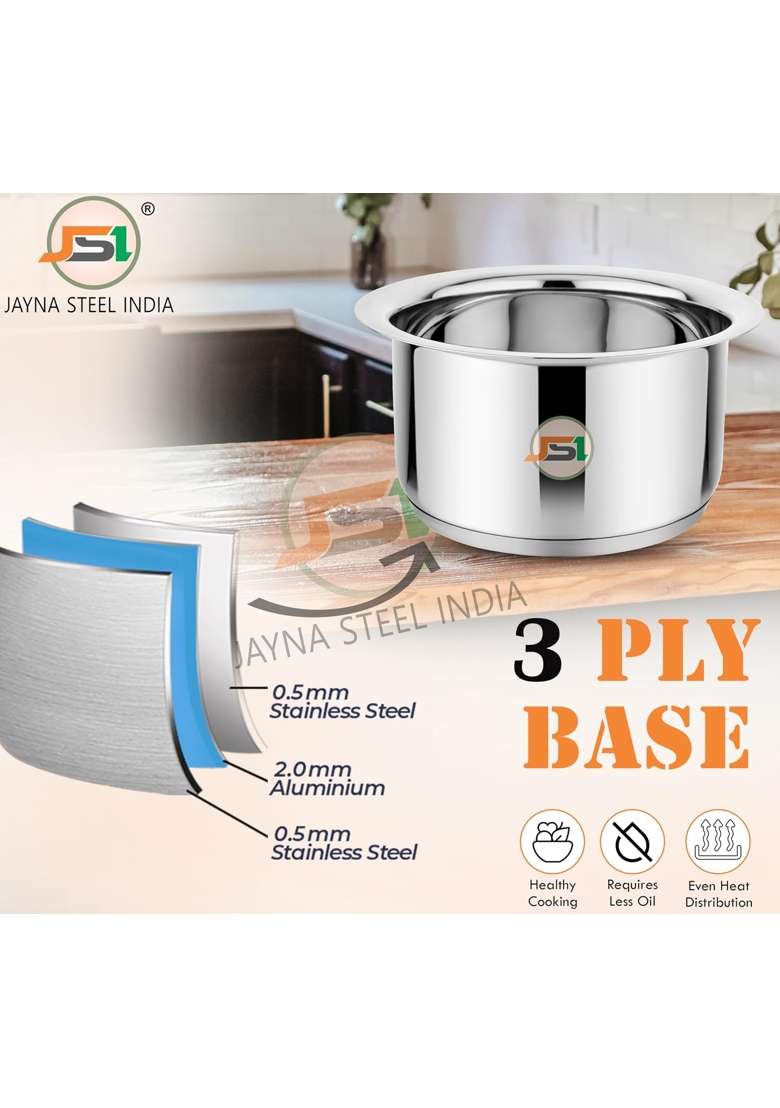 JSI Stainless Steel Triply Base Tope Cooking Pot Cookware for Kitchen | 1.2 L | 1.3 Qt | 17 cm | 6.7 Inch | Induction Compatible | Heavy Bottom - Indya