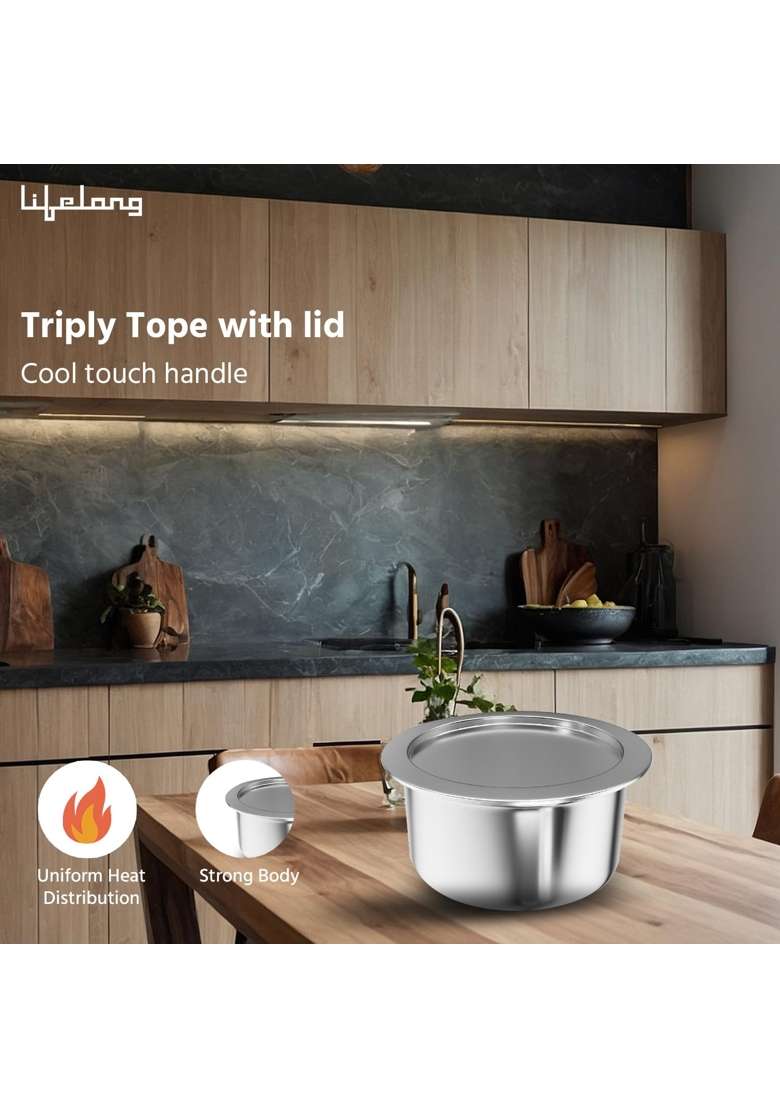 Lifelong Triply Tope Cooking Pot with Lid for Cooking | 1 L | 1.1 Qt | 20 cm | 7.9 Inch | Induction Compatible - Indya