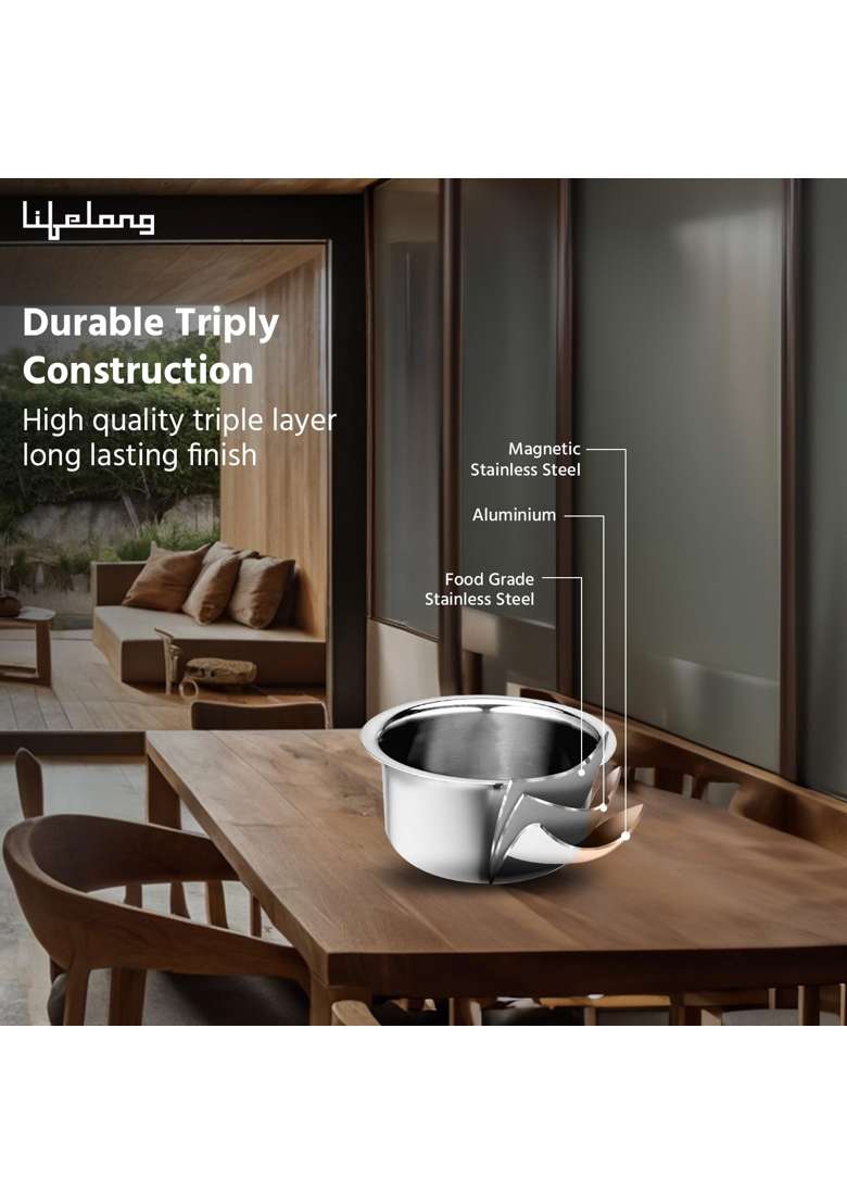 Lifelong Triply Tope Cooking Pot with Lid for Cooking | 1 L | 1.1 Qt | 20 cm | 7.9 Inch | Induction Compatible - Indya
