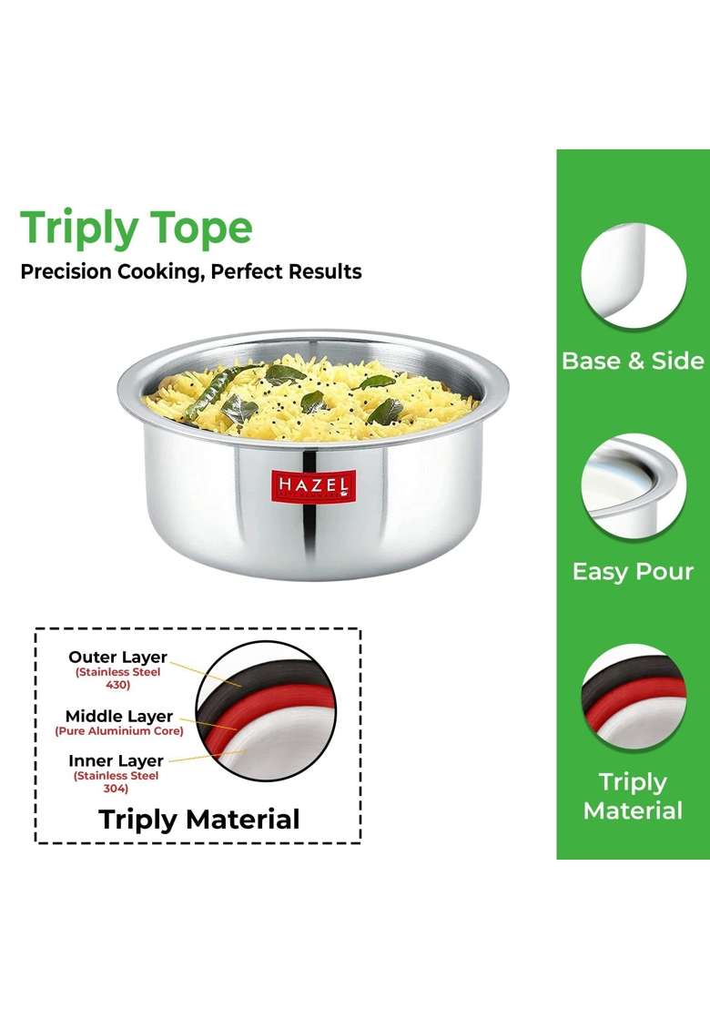 HAZEL Triply Stainless Steel Cookware with Lid | 3 L | 3.2 Qt | Induction Compatible - Indya