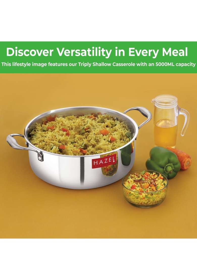 HAZEL Triply Stainless Steel Shallow Casserole Tope with Handle | 5 L | 5.3 Qt | 28.3 cm | 11.1 Inch | Heavy Bottom - Indya