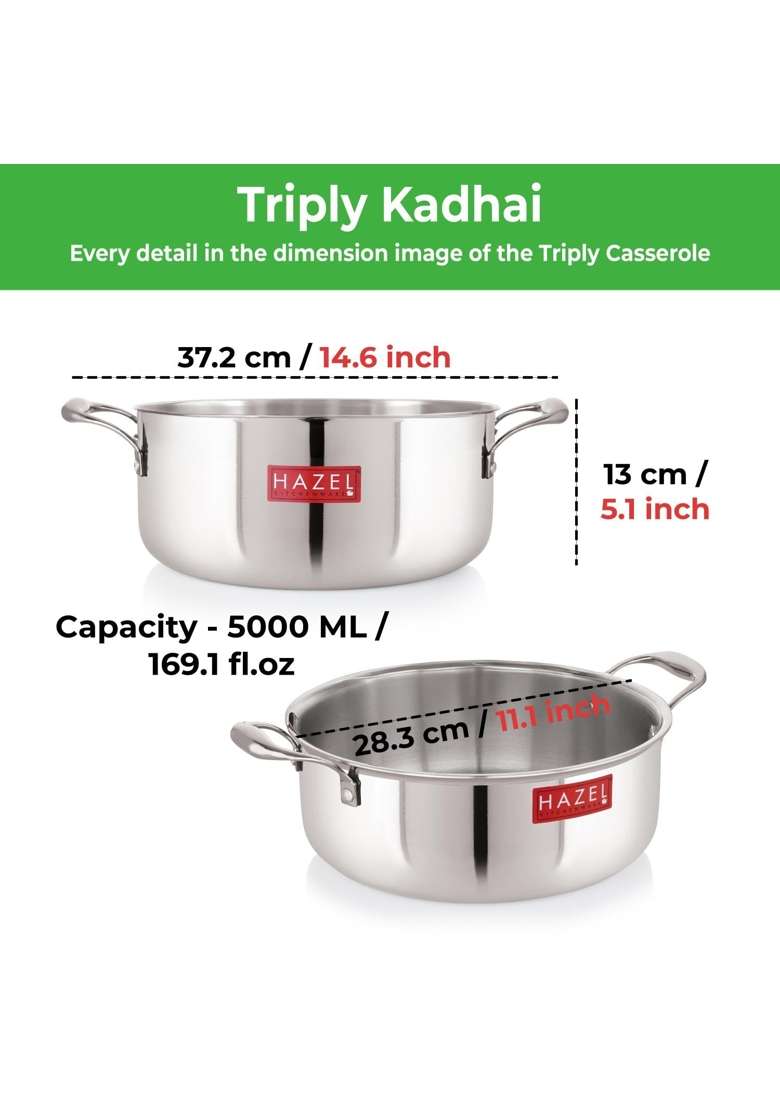 HAZEL Triply Stainless Steel Shallow Casserole Tope with Handle | 5 L | 5.3 Qt | 28.3 cm | 11.1 Inch | Heavy Bottom - Indya