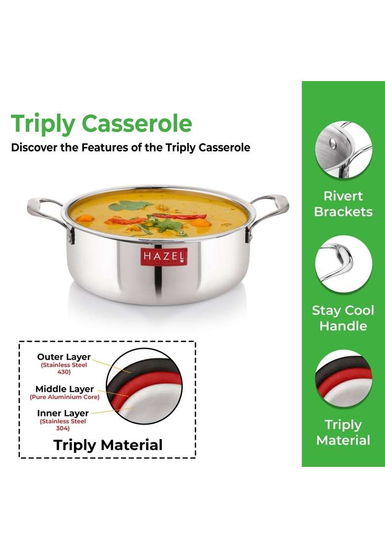 HAZEL Triply Stainless Steel Shallow Casserole Tope with Handle | 5 L | 5.3 Qt | 28.3 cm | 11.1 Inch | Heavy Bottom - Indya