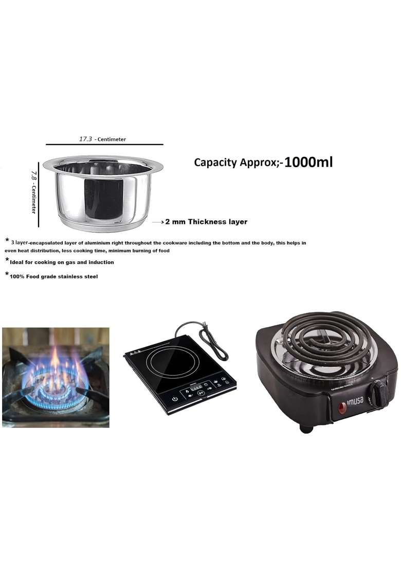 Bartan Star Life Long Stainless Steel Triply-Bottom Induction Friendly Mini Tope Cooking Pot | 1000 ml | 33.8 fl oz - Indya