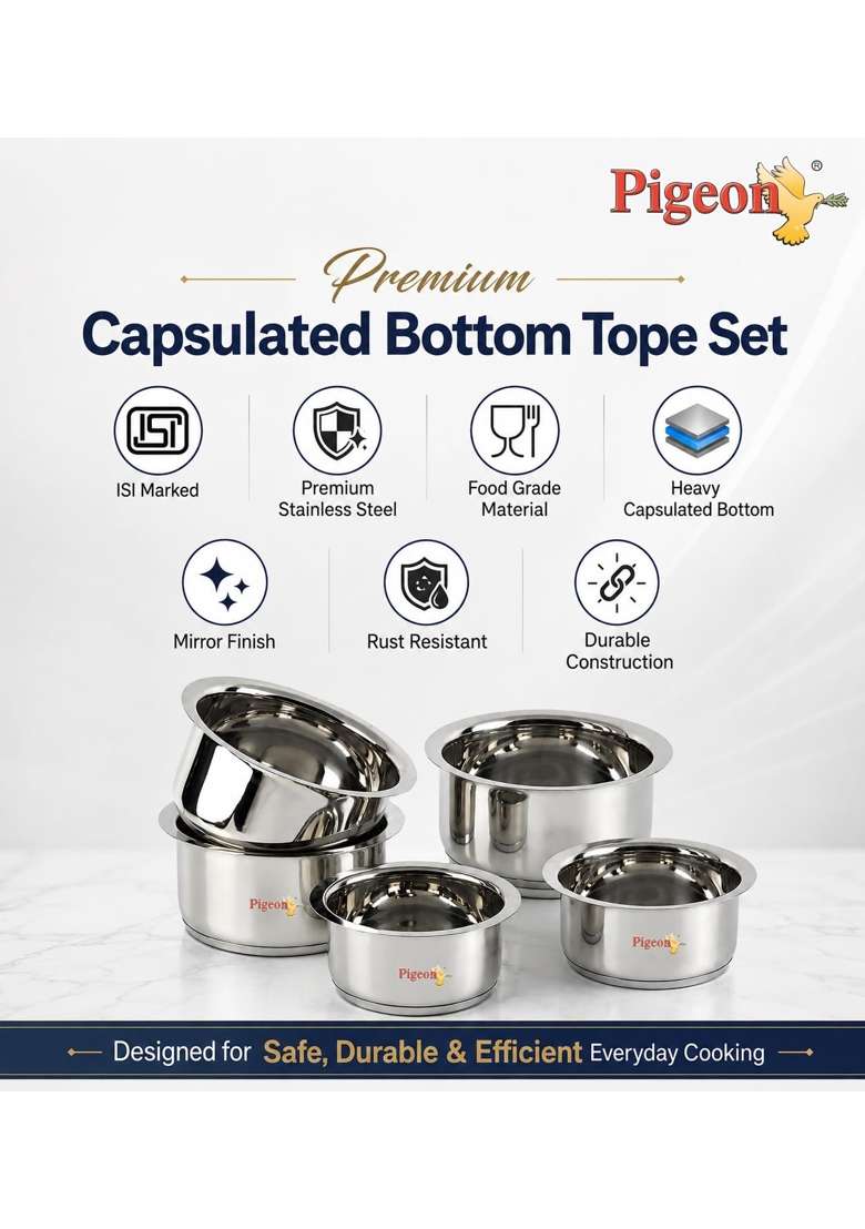 Pigeon Triply Stainless Steel Tope Cooking Pot Set with Capsulated Bottom | 1000 ml | 33.8 fl oz | 5-Piece Set - Indya
