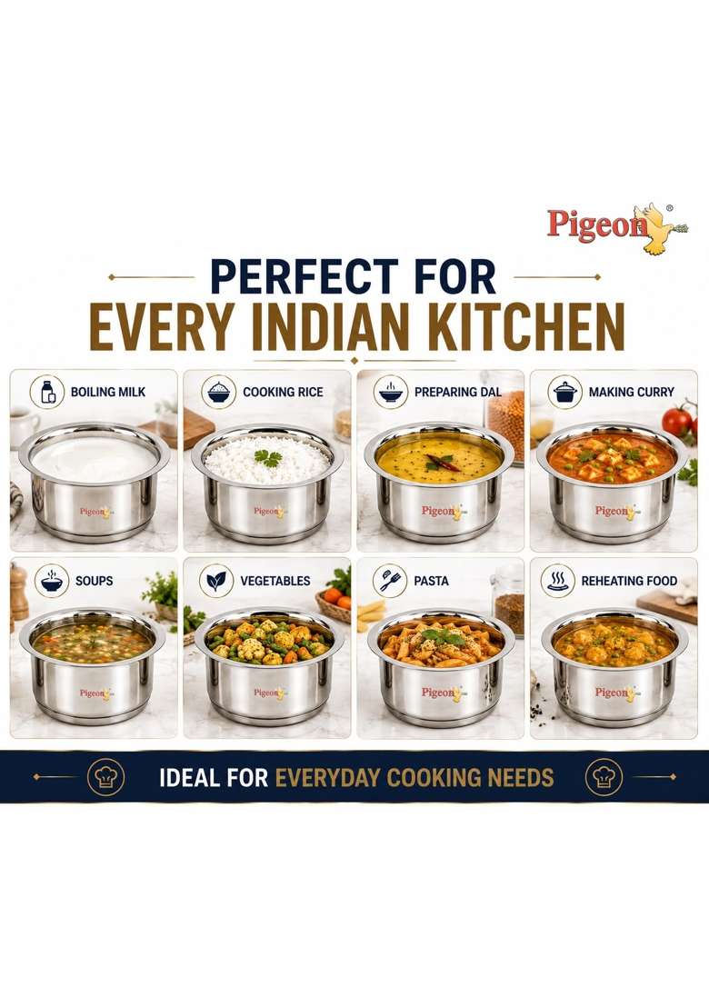 Pigeon Triply Stainless Steel Tope Cooking Pot Set with Capsulated Bottom | 1000 ml | 33.8 fl oz | 5-Piece Set - Indya