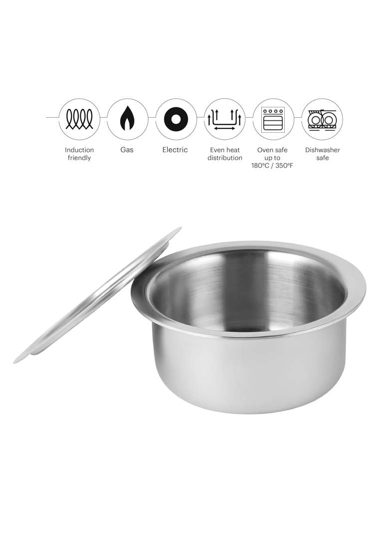 CELLO Tri-Ply Stainless Steel Cookware Tope Cooking Pot with Lid | 1 L | 1.1 Qt | 14 cm | 5.5 Inch | Induction Compatible | Dishwasher Safe - Indya