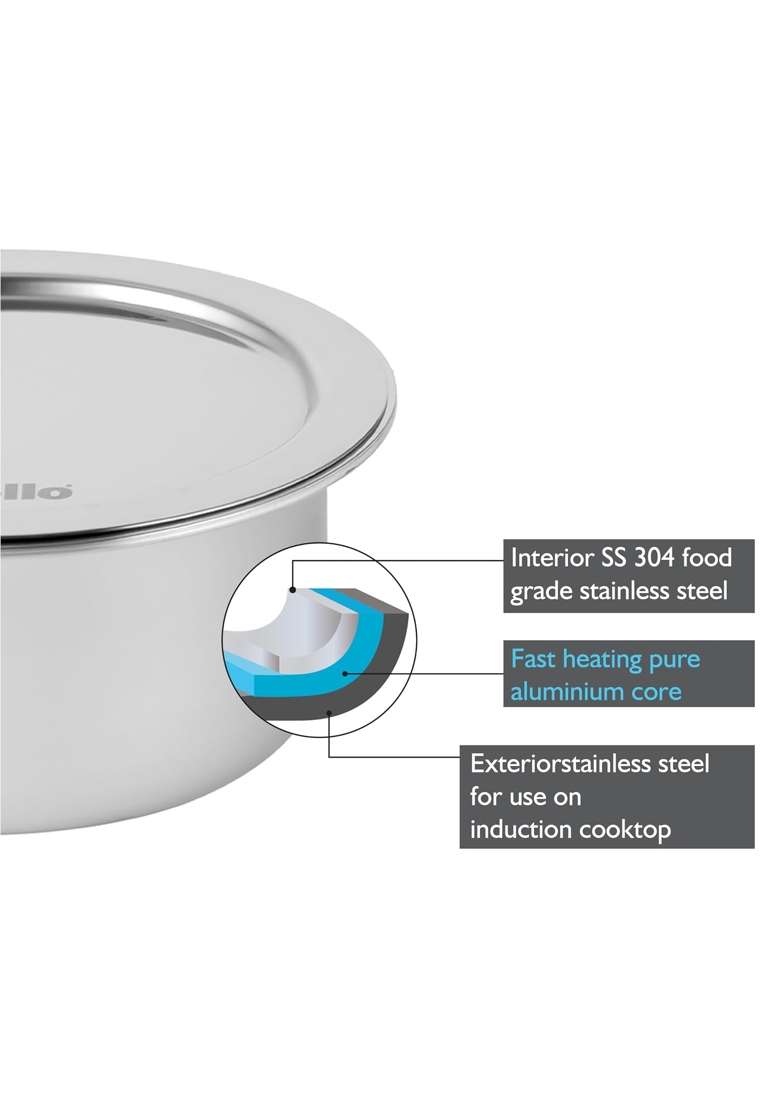 CELLO Tri-Ply Stainless Steel Cookware Tope Cooking Pot with Lid | 1 L | 1.1 Qt | 14 cm | 5.5 Inch | Induction Compatible | Dishwasher Safe - Indya