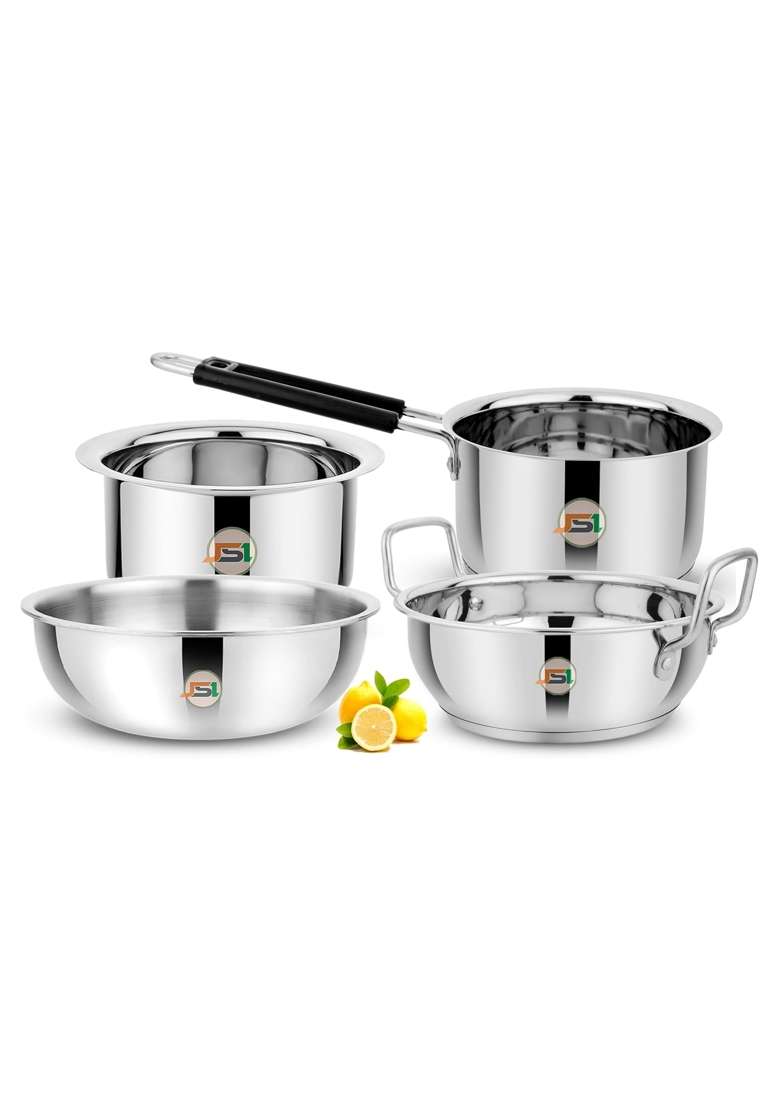 JSI Stainless Steel Induction Base Cookware Set for Kitchen | 2000 ml | 67.6 fl oz | 4-Piece Set | Tri-Ply | Food Safe - Indya