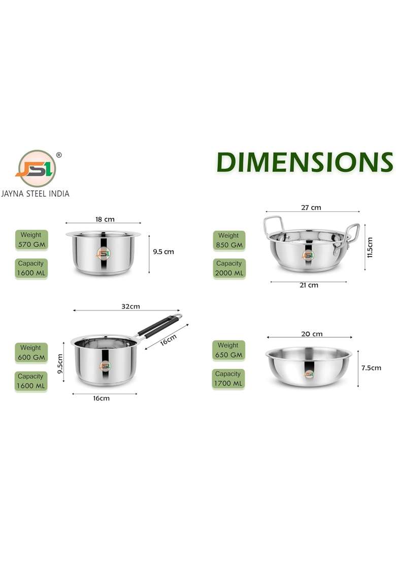JSI Stainless Steel Induction Base Cookware Set for Kitchen | 2000 ml | 67.6 fl oz | 4-Piece Set | Tri-Ply | Food Safe - Indya
