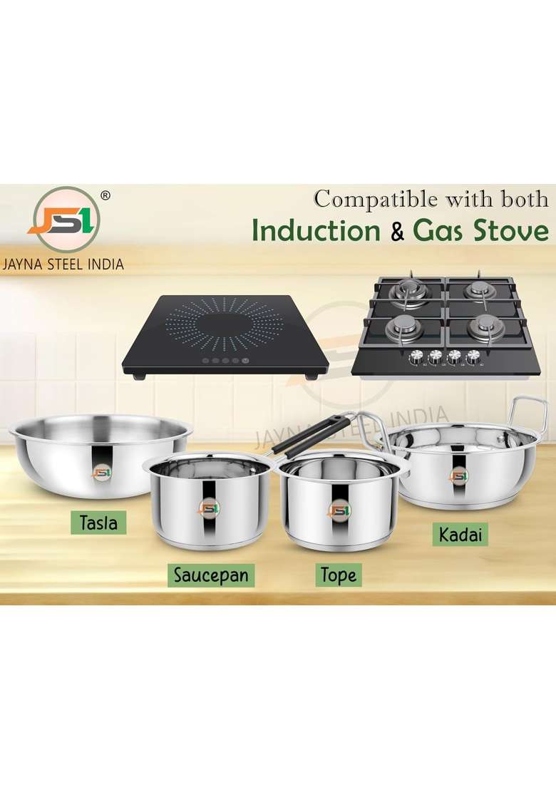 JSI Stainless Steel Induction Base Cookware Set for Kitchen | 2000 ml | 67.6 fl oz | 4-Piece Set | Tri-Ply | Food Safe - Indya