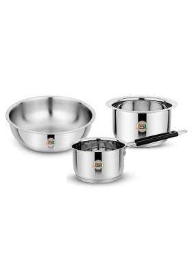 JSI Food-Grade Stainless Steel Triply Base Cookware Pcs for Kitchen | 1600 ml | 54.1 fl oz | 20 cm | 7.9 Inch | 3-Piece Set | Induction Compatible