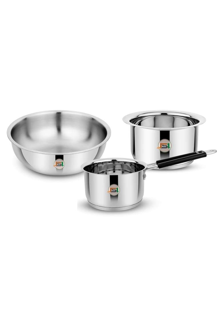 JSI Food-Grade Stainless Steel Triply Base Cookware Pcs for Kitchen | 1600 ml | 54.1 fl oz | 20 cm | 7.9 Inch | 3-Piece Set | Induction Compatible - Indya
