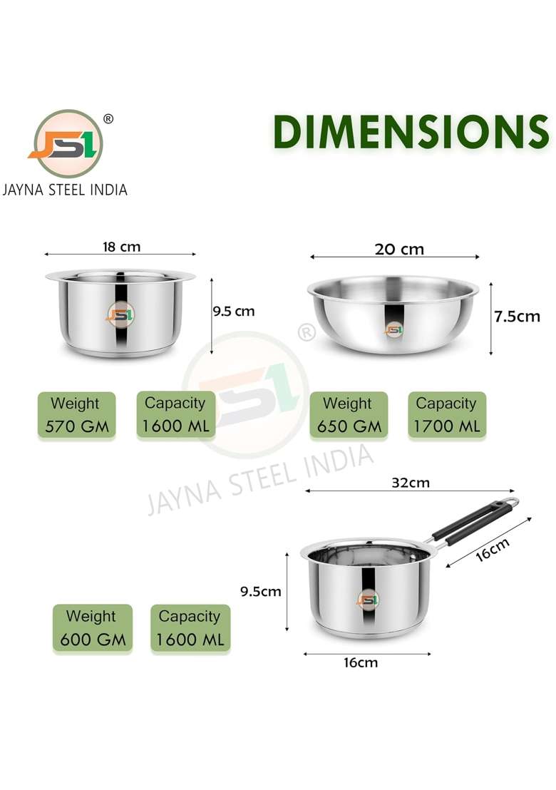 JSI Food-Grade Stainless Steel Triply Base Cookware Pcs for Kitchen | 1600 ml | 54.1 fl oz | 20 cm | 7.9 Inch | 3-Piece Set | Induction Compatible - Indya