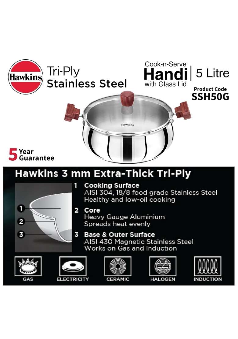 Hawkins Cook N Serve Handi Cooking Pot with Glass Lid and Tri-Ply Stainless Steel Induction | 5 L | 5.3 Qt - Indya