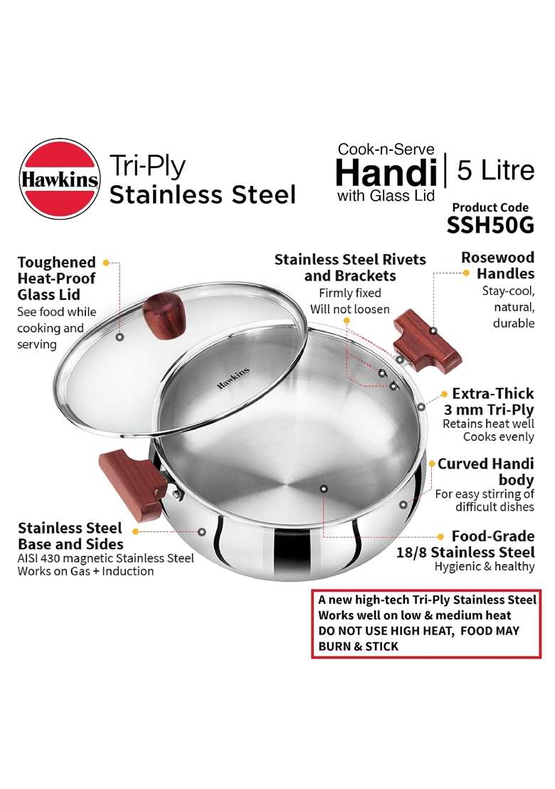 Hawkins Cook N Serve Handi Cooking Pot with Glass Lid and Tri-Ply Stainless Steel Induction | 5 L | 5.3 Qt - Indya