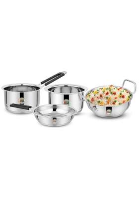JSI Triply Thick Base Steel Cookware Fry Pan 1.5 Lt | 4-Piece Set | Induction Compatible | Food Safe