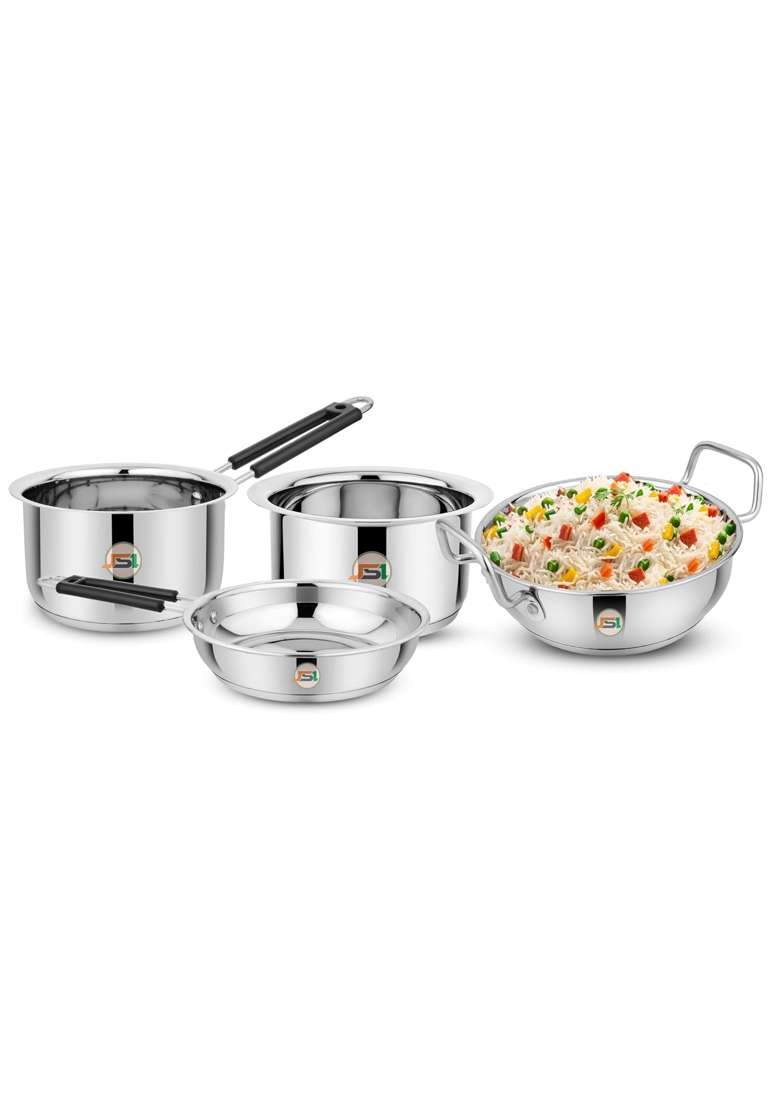 JSI Triply Thick Base Steel Cookware Fry Pan 1.5 Lt | 4-Piece Set | Induction Compatible | Food Safe - Indya