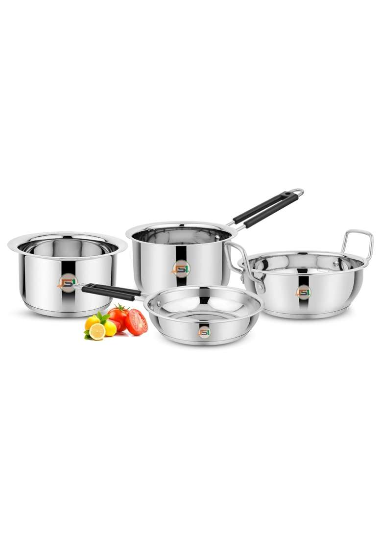 JSI Triply Thick Base Steel Cookware Fry Pan 1.5 Lt | 4-Piece Set | Induction Compatible | Food Safe - Indya