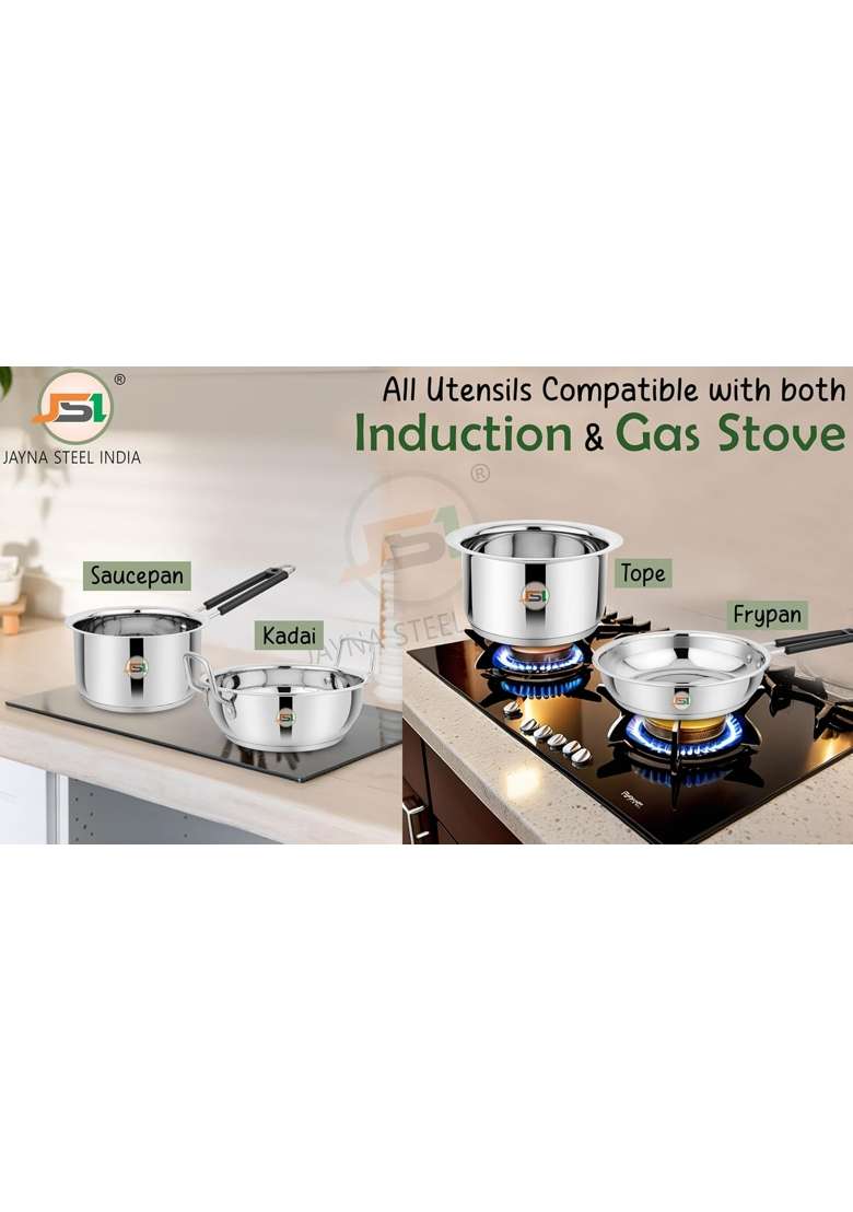 JSI Triply Thick Base Steel Cookware Fry Pan 1.5 Lt | 4-Piece Set | Induction Compatible | Food Safe - Indya