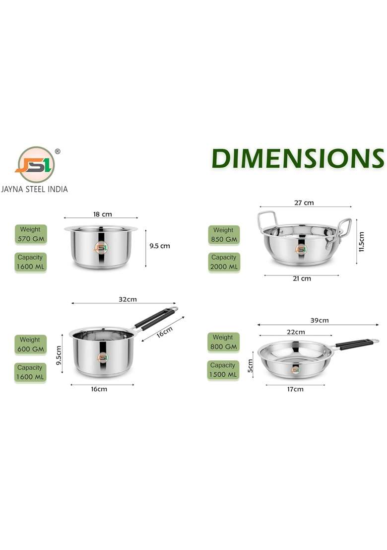 JSI Triply Thick Base Steel Cookware Fry Pan 1.5 Lt | 4-Piece Set | Induction Compatible | Food Safe - Indya