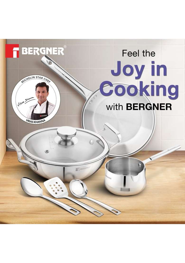 BERGNER TriPro Tri-Ply Stainless Steel Induction Bottom Cookware Set | 2 L | 2.1 Qt | 22 cm | 8.7 Inch | 7-Piece Set | With Lid - Indya