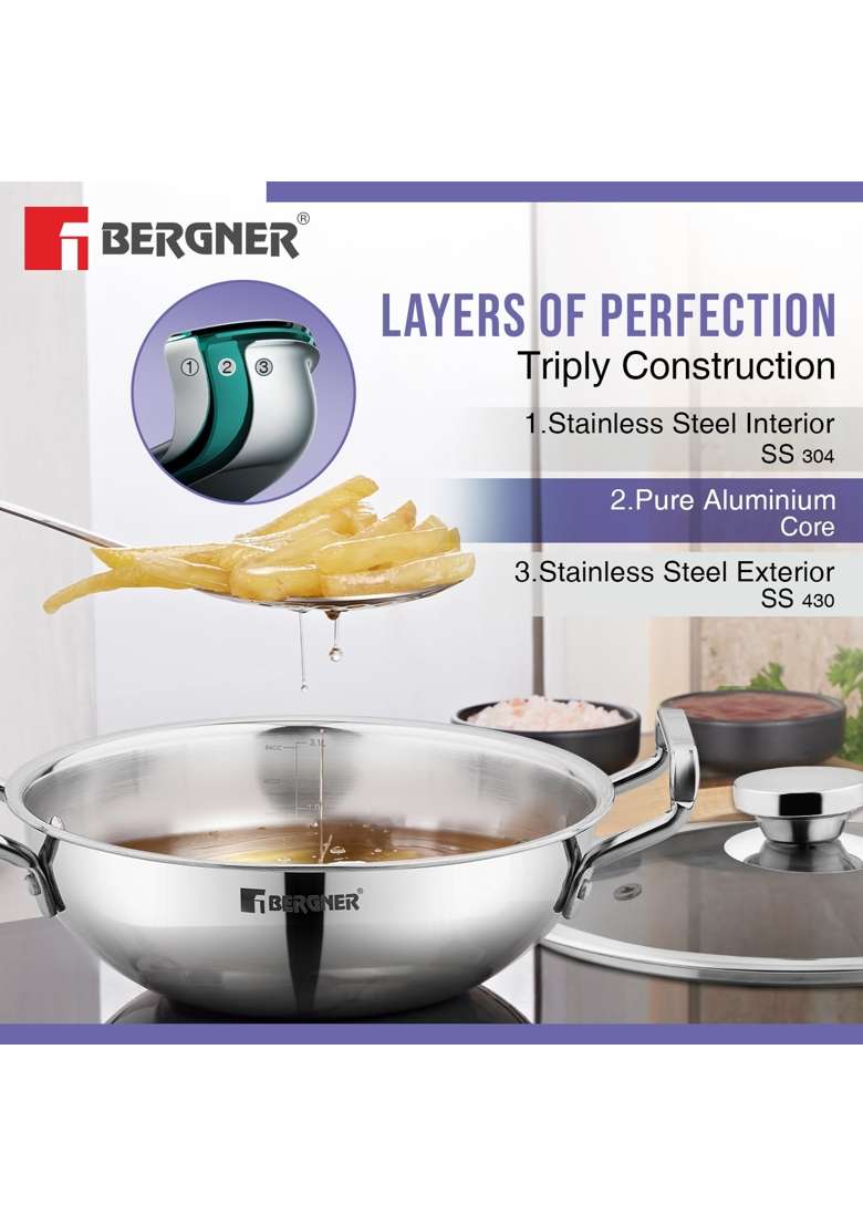 BERGNER TriPro Tri-Ply Stainless Steel Induction Bottom Cookware Set | 2 L | 2.1 Qt | 22 cm | 8.7 Inch | 7-Piece Set | With Lid - Indya