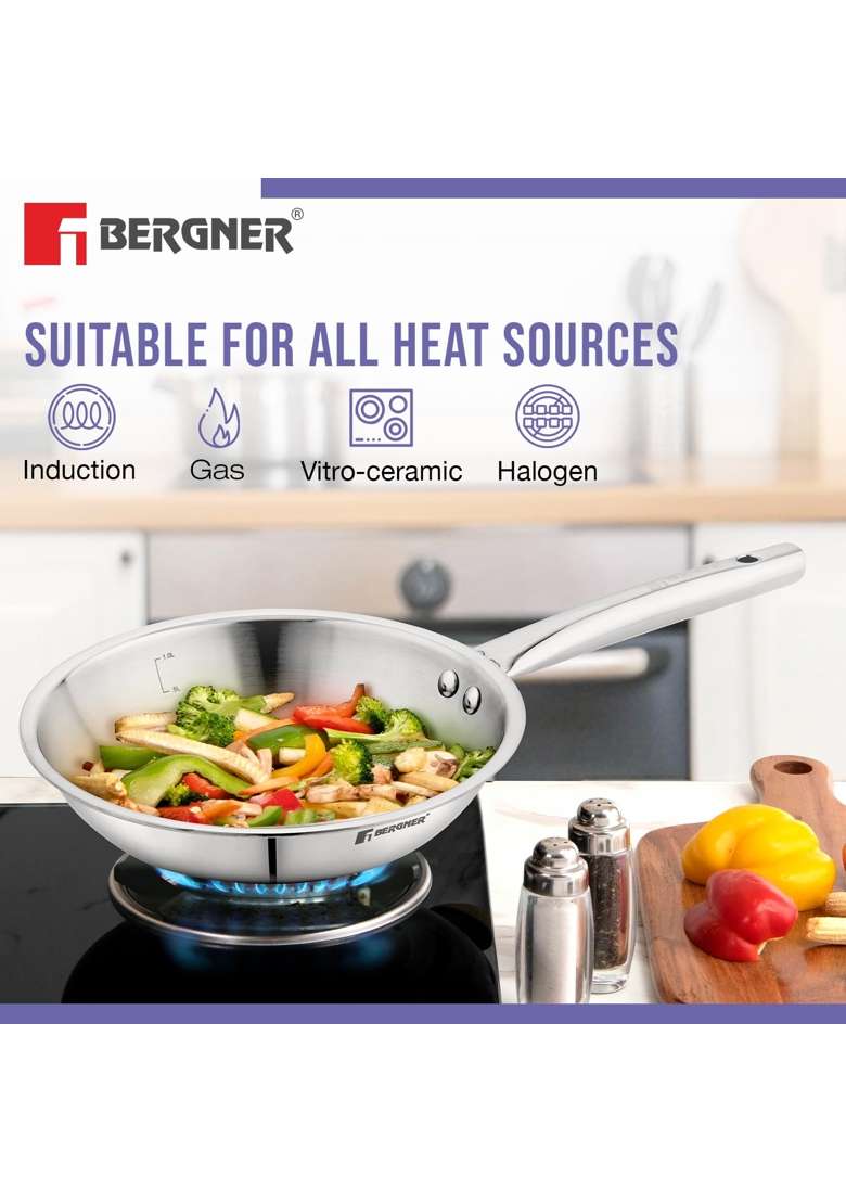 BERGNER TriPro Tri-Ply Stainless Steel Induction Bottom Cookware Set | 2 L | 2.1 Qt | 22 cm | 8.7 Inch | 7-Piece Set | With Lid - Indya