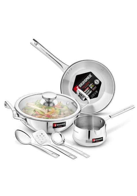 BERGNER TriPro Tri-Ply Stainless Steel Induction Bottom Cookware Set | 2 L | 2.1 Qt | 22 cm | 8.7 Inch | 7-Piece Set | With Lid