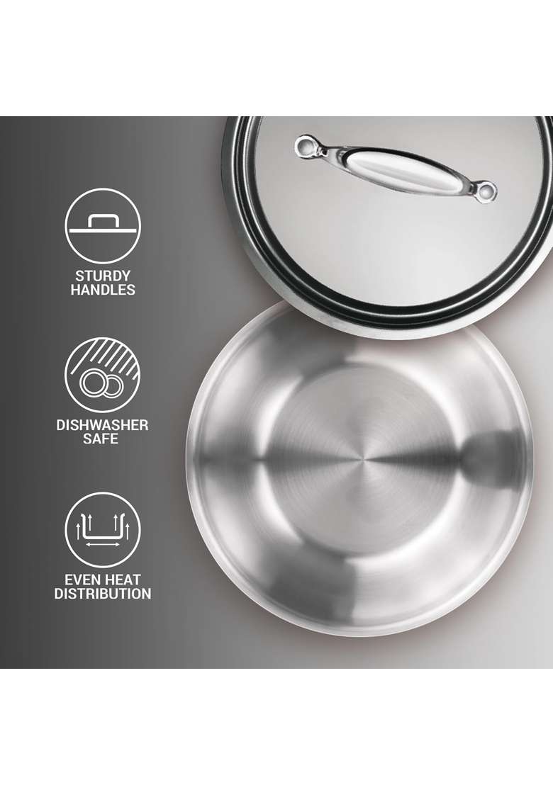 MILTON Pro cook Tri-Ply Stainless Steel Tasla Deep Pan with Lid | 1 L | 1.1 Qt | 16 cm | 6.3 Inch | 2-Piece Set | Induction Compatible - Indya
