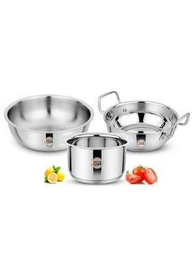 JSI Stanless Steel Tri-Ply Base Cookware Set | 1600 ml | 54.1 fl oz | 20 cm | 7.9 Inch | 3-Piece Set | Induction Compatible