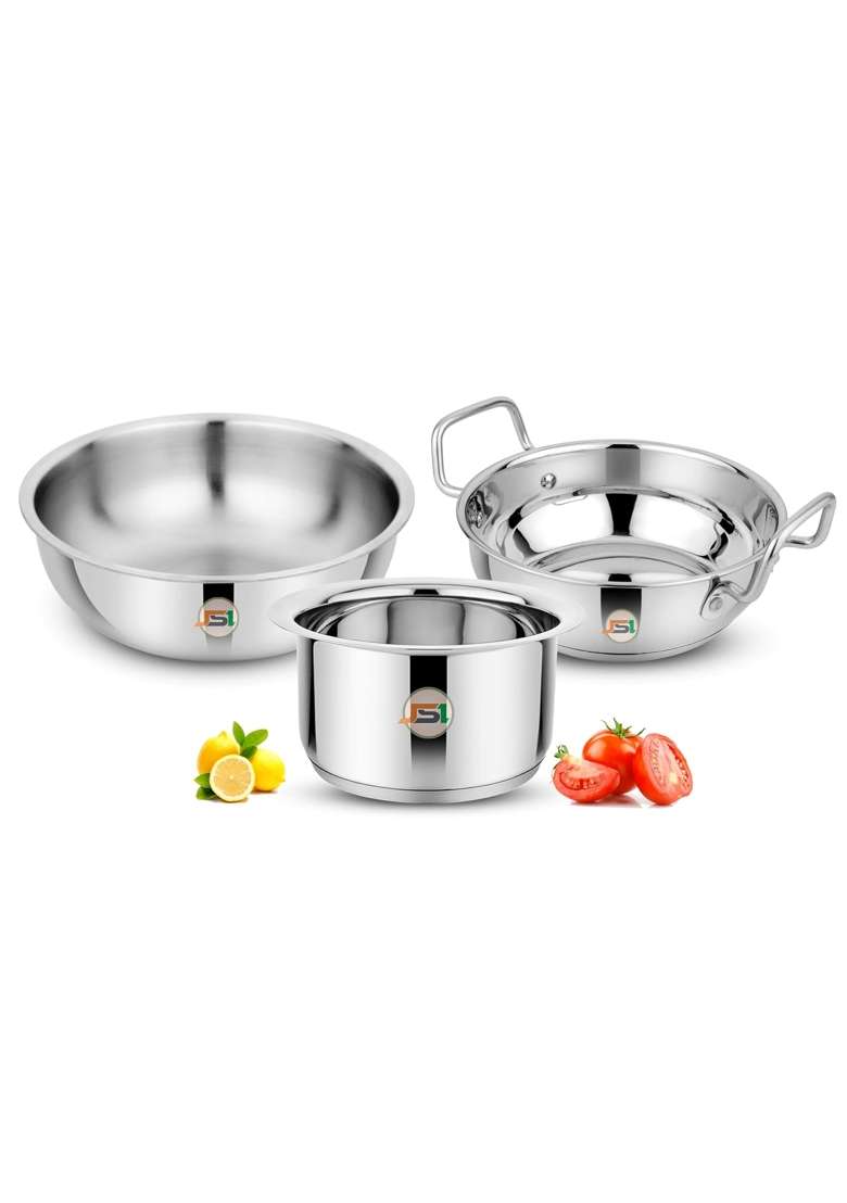 JSI Stanless Steel Tri-Ply Base Cookware Set | 1600 ml | 54.1 fl oz | 20 cm | 7.9 Inch | 3-Piece Set | Induction Compatible - Indya