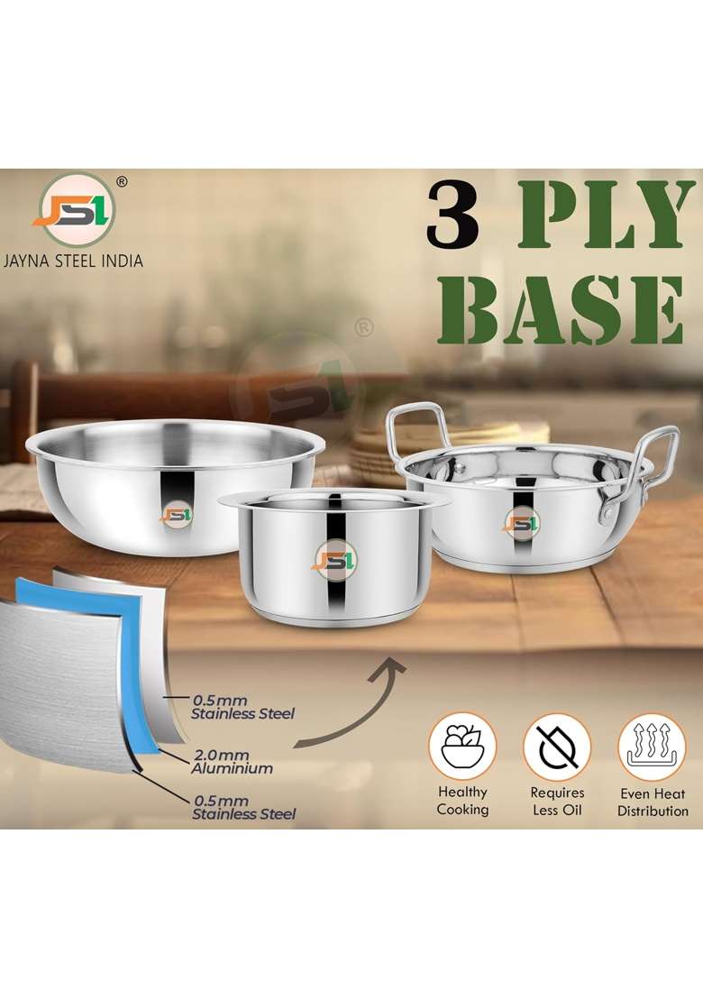 JSI Stanless Steel Tri-Ply Base Cookware Set | 1600 ml | 54.1 fl oz | 20 cm | 7.9 Inch | 3-Piece Set | Induction Compatible - Indya