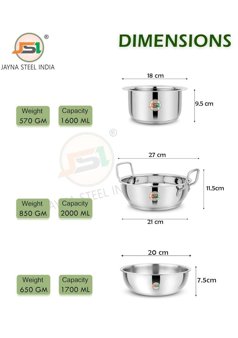 JSI Stanless Steel Tri-Ply Base Cookware Set | 1600 ml | 54.1 fl oz | 20 cm | 7.9 Inch | 3-Piece Set | Induction Compatible - Indya