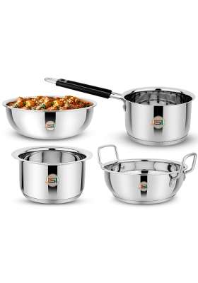 JSI Stainless Steel Triply Base Kadhai Wok Tasla Saucepan Tope Cookware Pieces | 2000 ml | 67.6 fl oz | 4-Piece Set | Induction Compatible