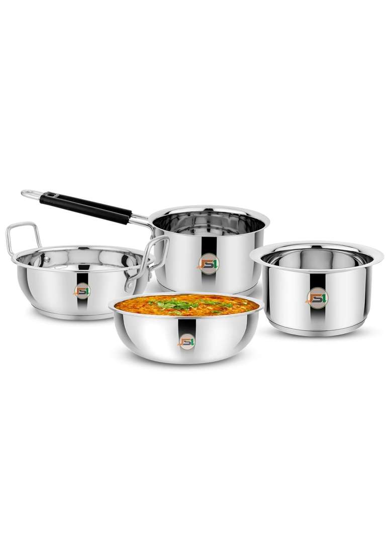 JSI Stainless Steel Triply Base Kadhai Wok Tasla Saucepan Tope Cookware Pieces | 2000 ml | 67.6 fl oz | 4-Piece Set | Induction Compatible - Indya