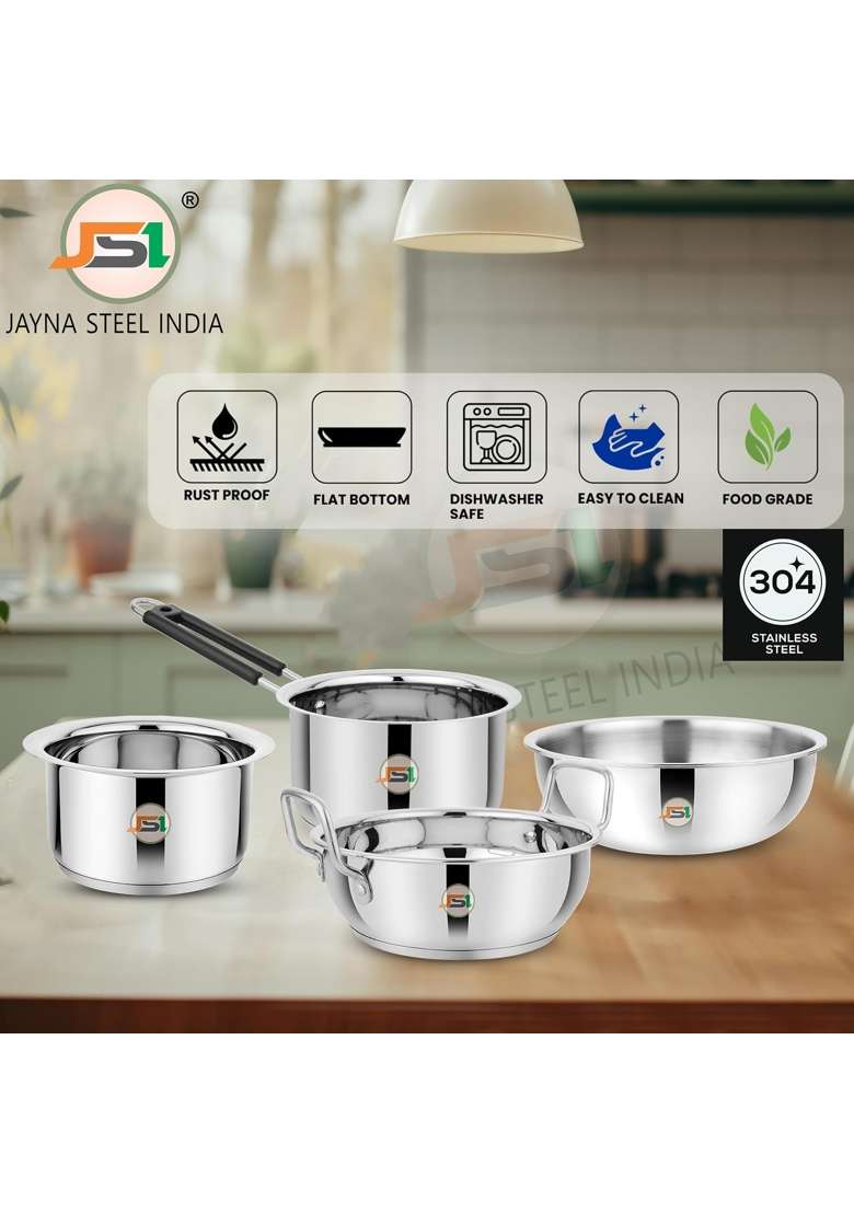 JSI Stainless Steel Triply Base Kadhai Wok Tasla Saucepan Tope Cookware Pieces | 2000 ml | 67.6 fl oz | 4-Piece Set | Induction Compatible - Indya