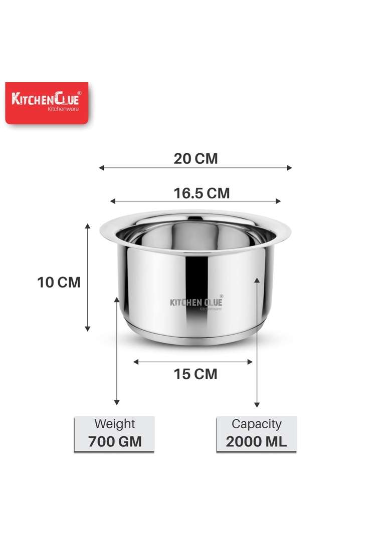 KITCHEN CLUE Premium Grade Quality Stainless Steel Triply Base Cookware Set for Kitchen | 1600 ml | 54.1 fl oz | Induction Compatible - Indya