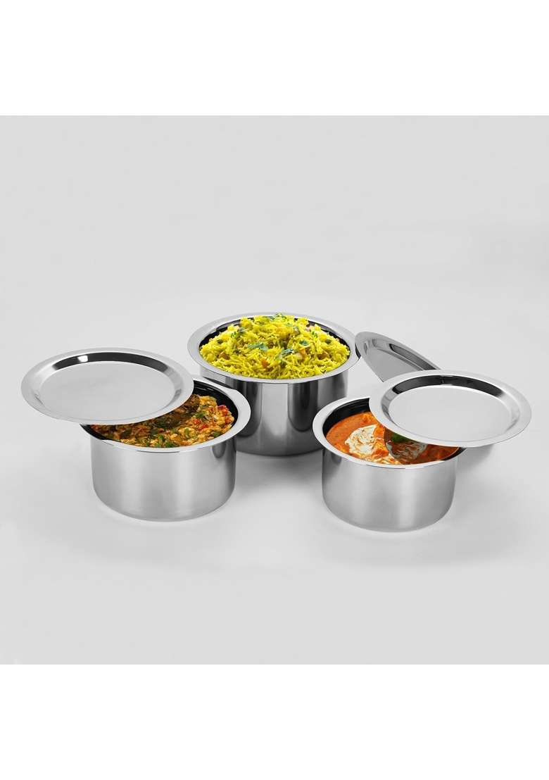 Sumeet Stainless Steel Induction and Gas Stove Friendly | 1.8 L | 1.9 Qt | 3-Piece Set | With Lid - Indya