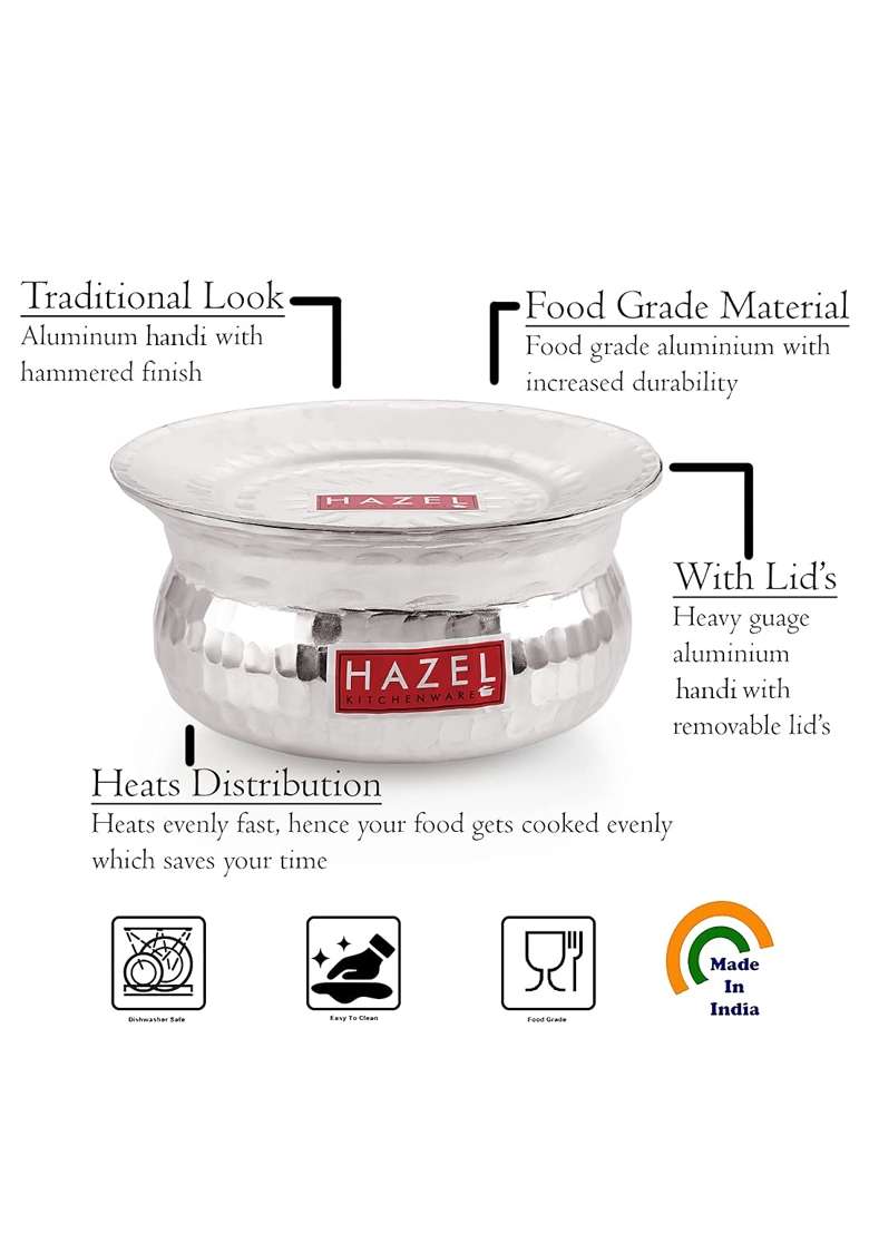 HAZEL Aluminium Hammered Finish Handi with Lid Biryani Rice Cooking Pot GOL Patiya | 0.1 L | 0.1 Qt | 17 cm | 6.7 Inch - Indya