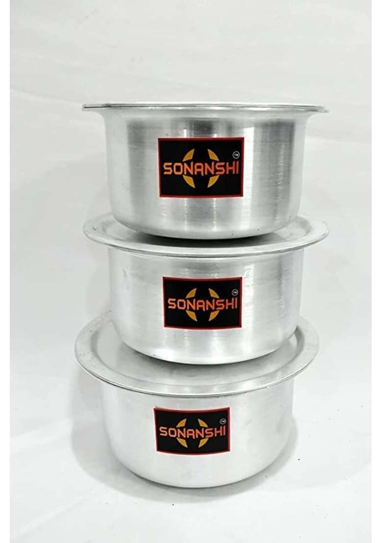 Sonanshi Aluminium Patila Cooking Pot Bhagona Tapeli Saucepot Handi Set with LID | 5 L | 5.3 Qt | Pack of 3 - Indya