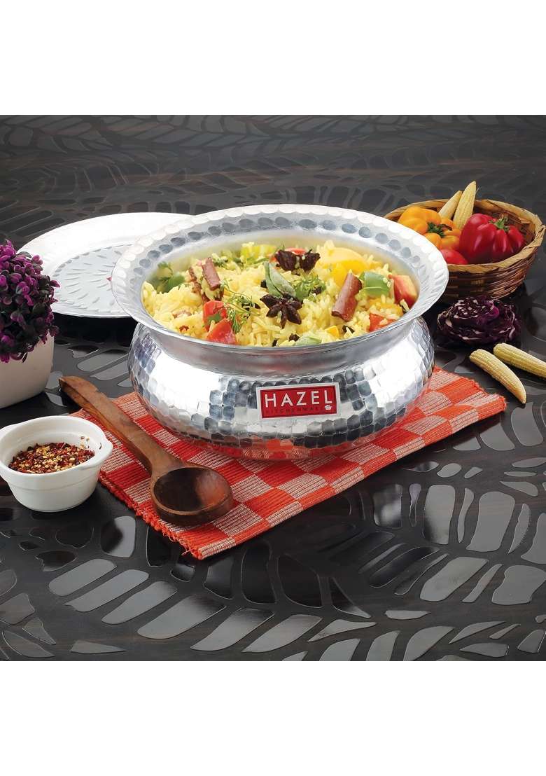 HAZEL Aluminium Hammered Finish Handi with Lid Biryani Rice Cooking Pot GOL Patiya | 3900 ml | 131.9 fl oz | 24.5 cm | 9.6 Inch - Indya