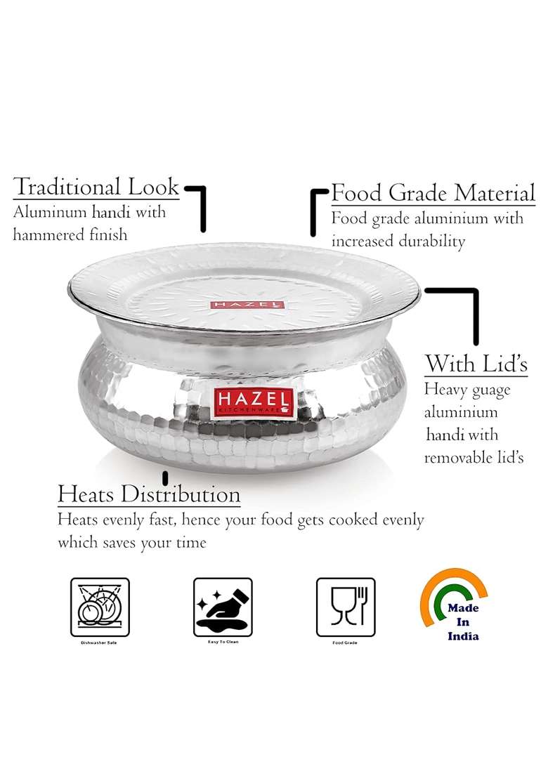 HAZEL Aluminium Hammered Finish Handi with Lid Biryani Rice Cooking Pot GOL Patiya | 3900 ml | 131.9 fl oz | 24.5 cm | 9.6 Inch - Indya